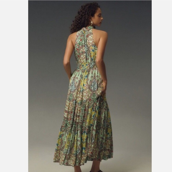 Anthropologie The Somerset Green Floral Halter Style Maxi Dress - Picture 4 of 8